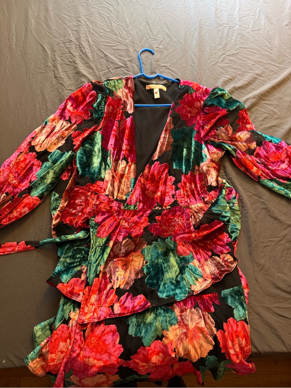 Anthropologie Velvet Floral Wrap Dress in Red & Green